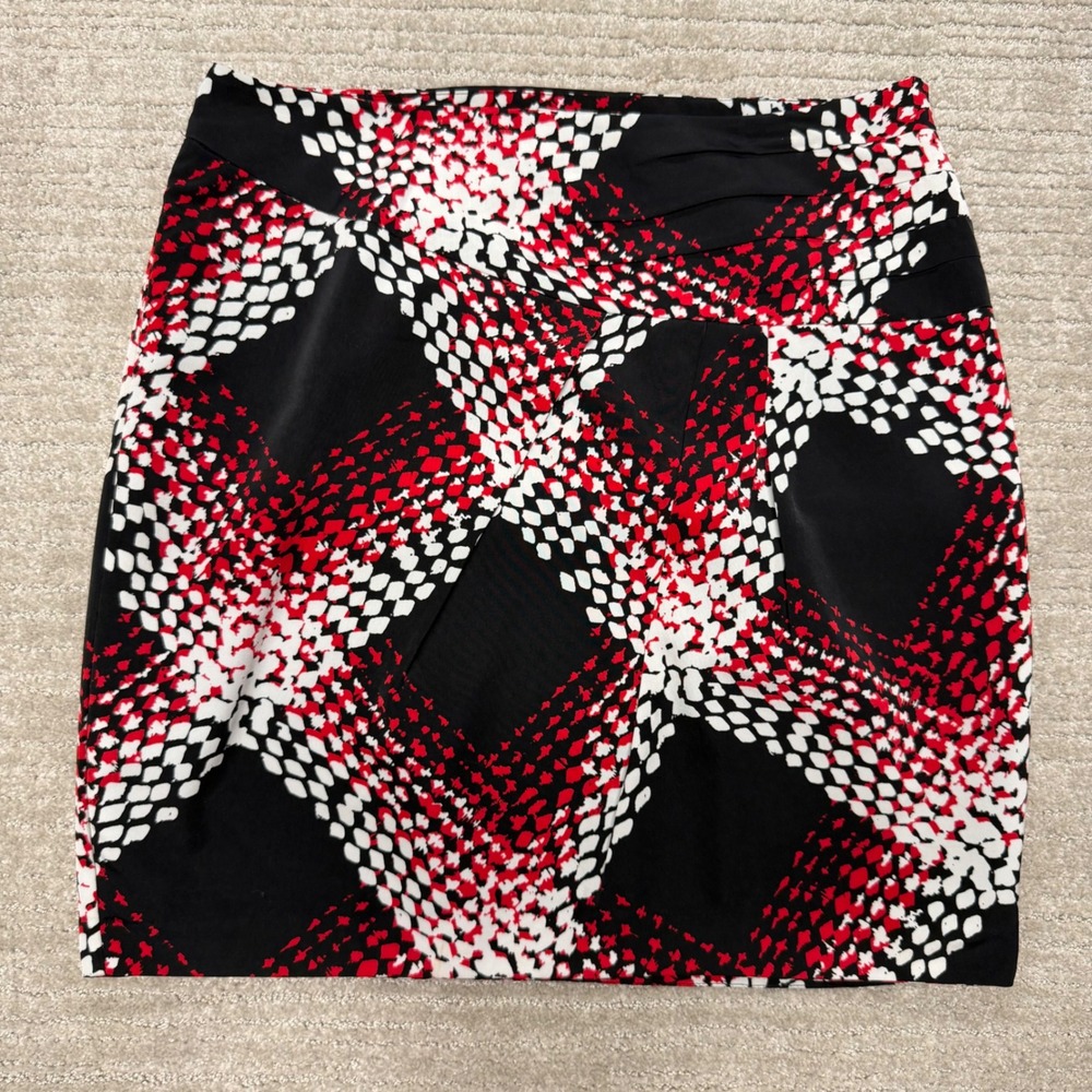 Worthington Mini Skirt Red Black White Snake Print Geometric Wrap Front Size 14